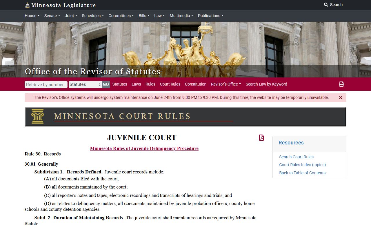Kittson County arrest records juvenile delinquency Rule 30 access