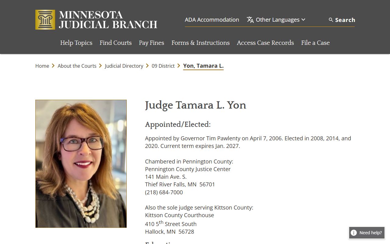 Kittson County court dockets Judge Tamara Yon