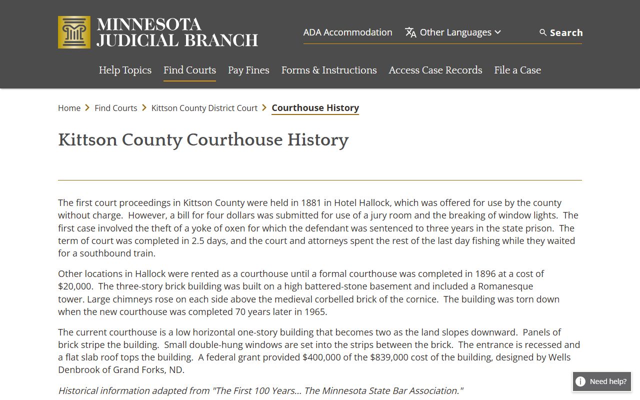 Kittson County court dockets courthouse history