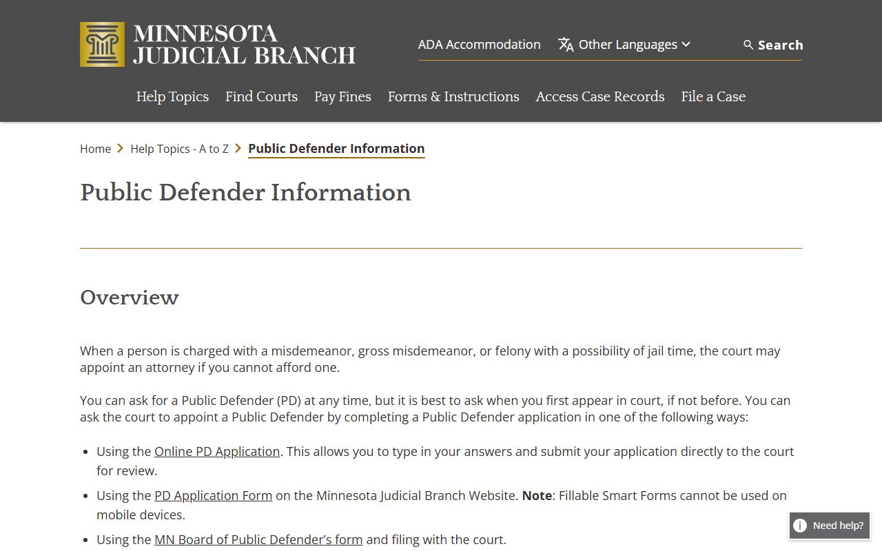 Kittson County criminal court records Judicial Branch public defender help