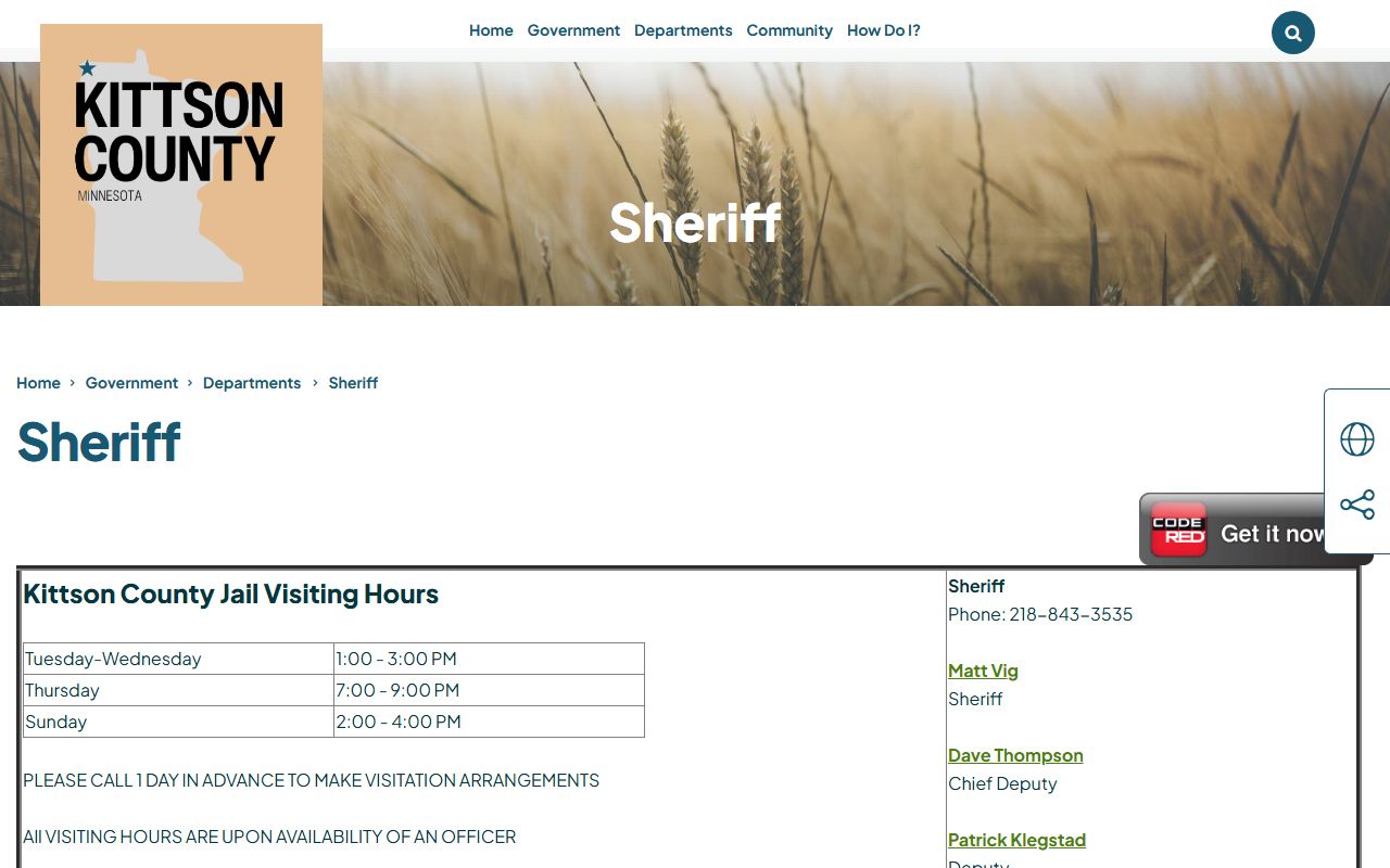 Kittson County inmate search Sheriff page and jail visiting hours