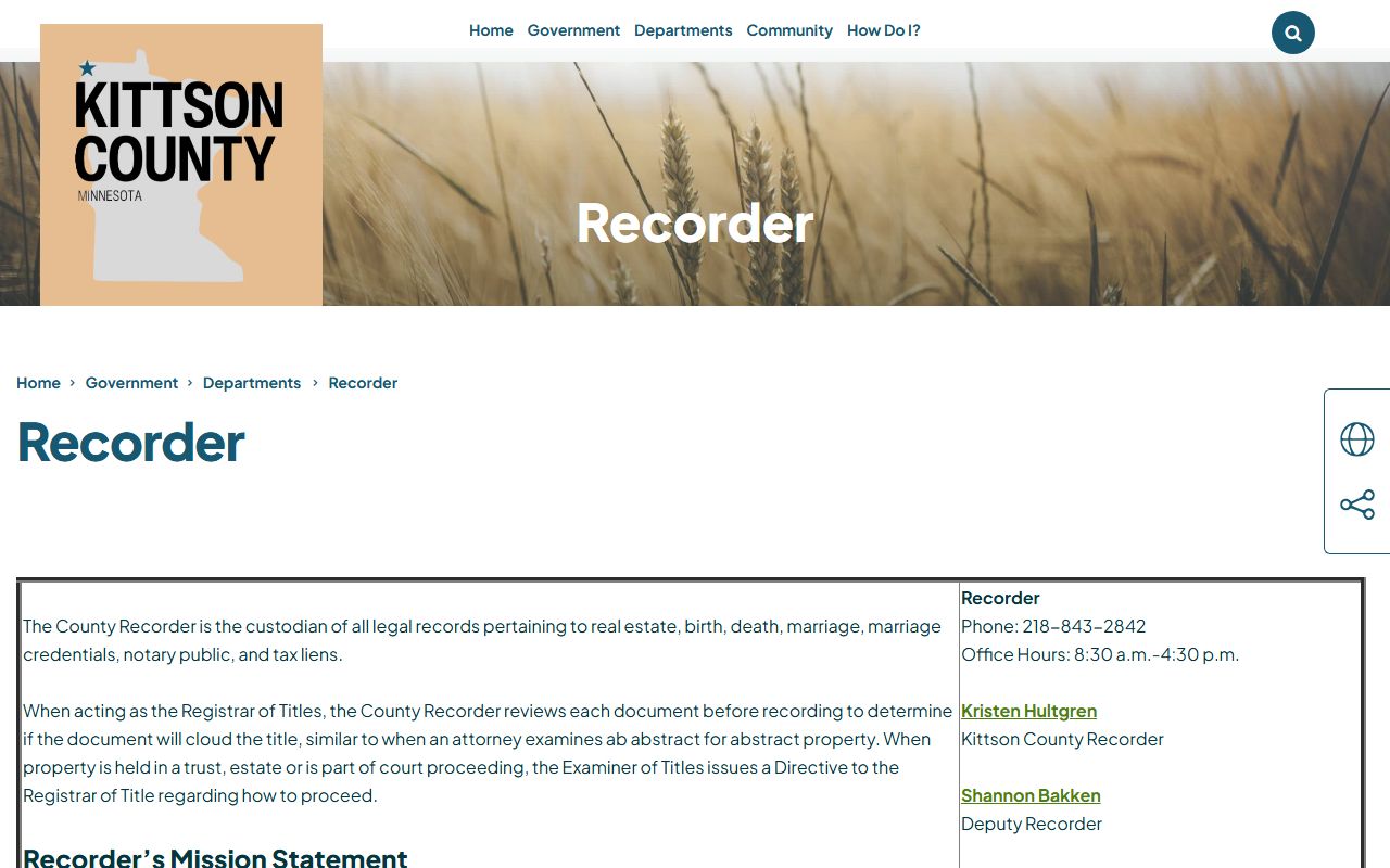 Kittson County marriage records Recorder office page