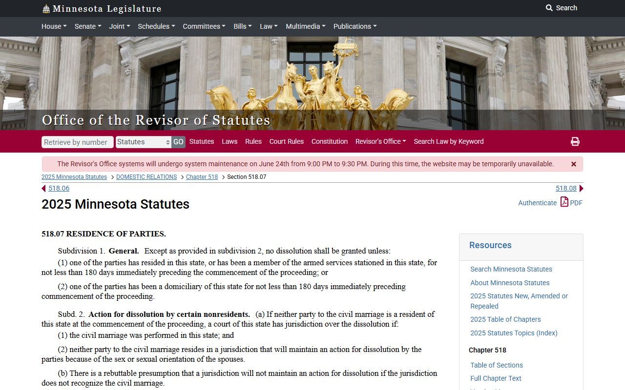 Kittson County divorce records Minnesota residency statute