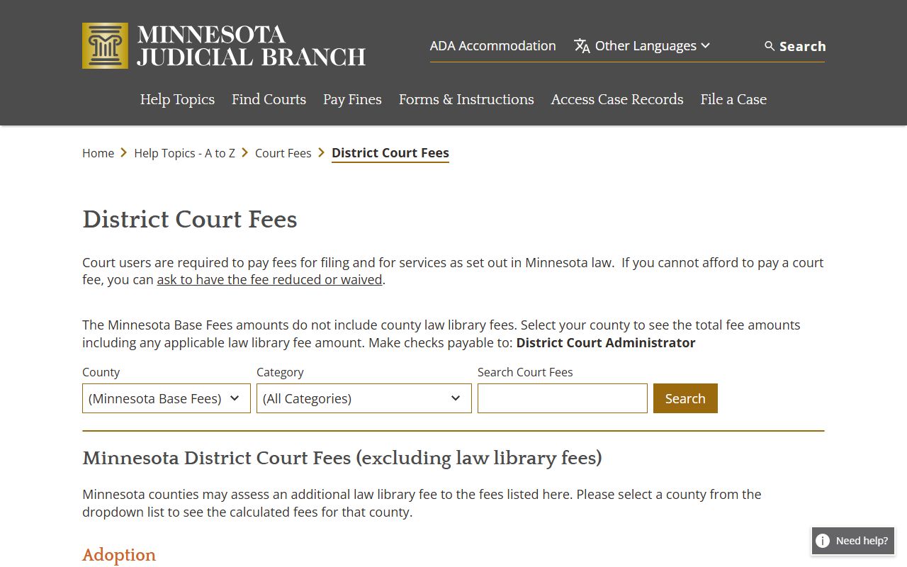Kittson County probate records District Court fee catalog